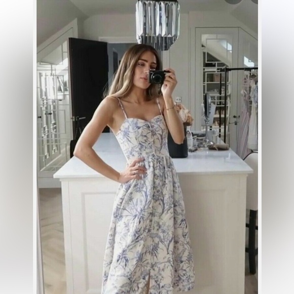 Linen Floral White and Blue Button Down Midi Sun Dress Small Sleeveless - Picture 2 of 9